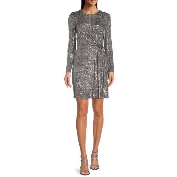 Calvin Klein Crew Neck Long Sleeve Draped Front Sequin Dress Silver Size 2 - Picture 1 of 2